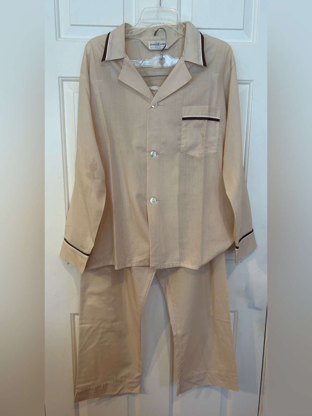 Vintage Johnny Carson Mens Large Pajama Set  Button Up Cotton Blend Beige Collar